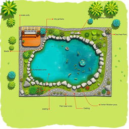 A detailed fish pond layout plan on a rectangular plot of land measuring 600 square meters (20 meters x 30 meters)