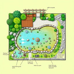 A detailed fish pond layout plan on a rectangular plot of land measuring 600 square meters (20 meters x 30 meters)