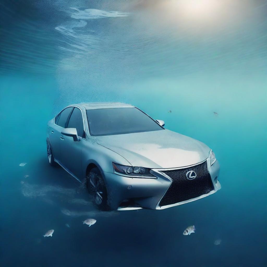 A high-quality digital art image showcasing a submerged Lexus car surrounded by Instagram statistics