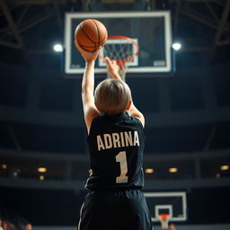 A short-haired girl viewed from the back, wearing a stylish black basketball dress featuring the name 'Adrina' and the number '1' in bold white letters