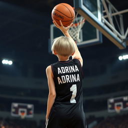 A short-haired girl viewed from the back, wearing a stylish black basketball dress featuring the name 'Adrina' and the number '1' in bold white letters