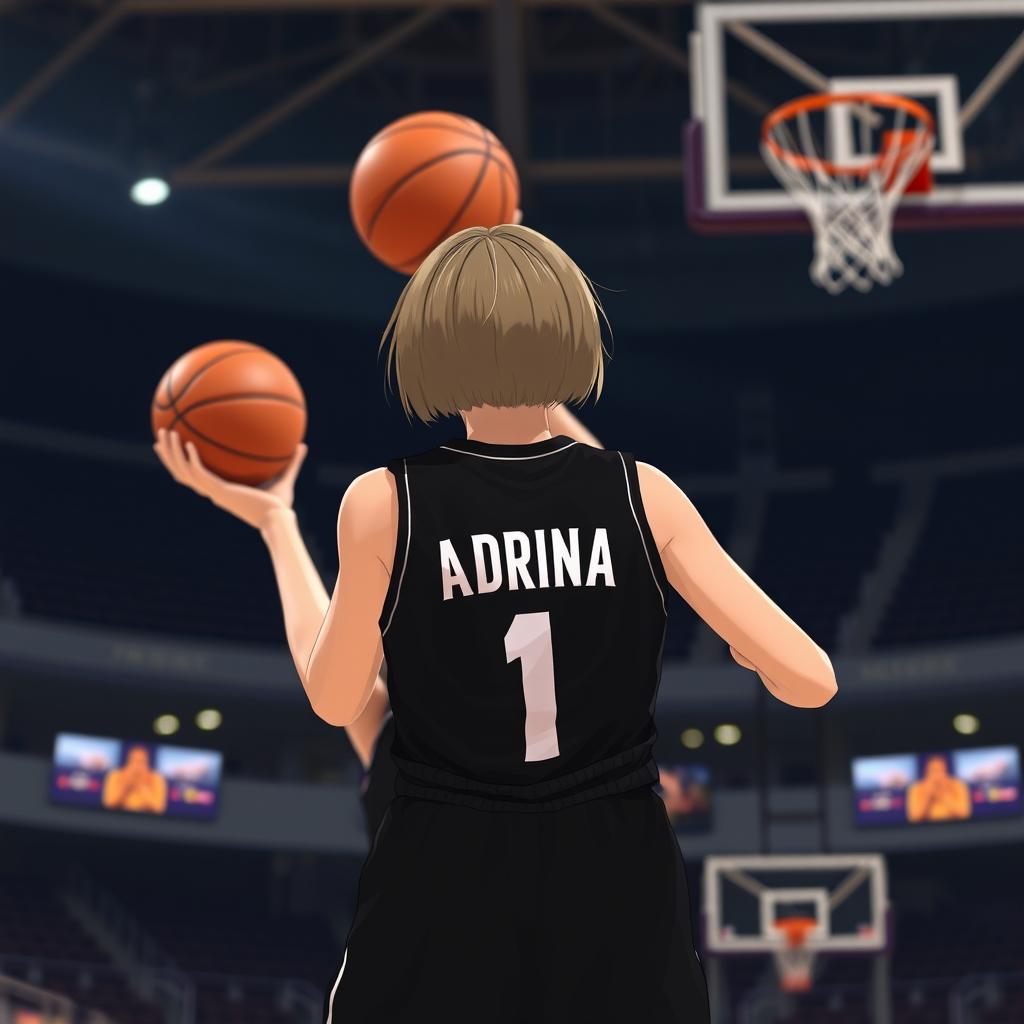 A short-haired girl viewed from the back, wearing a stylish black basketball dress featuring the name 'Adrina' and the number '1' in bold white letters