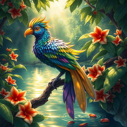 A detailed and vibrant illustration of a Sombi, a mythical creature resembling a large, colorful bird with a long, flowing tail and bright plumage