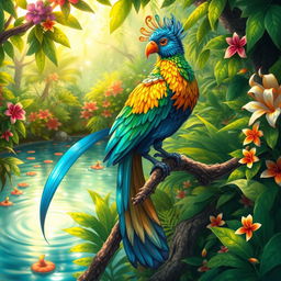 A detailed and vibrant illustration of a Sombi, a mythical creature resembling a large, colorful bird with a long, flowing tail and bright plumage
