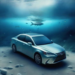 A high-quality digital art image showcasing a submerged Lexus car surrounded by Instagram statistics