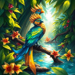 A detailed and vibrant illustration of a Sombi, a mythical creature resembling a large, colorful bird with a long, flowing tail and bright plumage