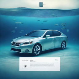 A high-quality digital art image showcasing a submerged Lexus car surrounded by Instagram statistics