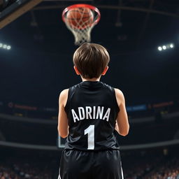 A short-haired girl viewed from the back, wearing a sleek black basketball dress adorned with the name 'Adrina' and the number '1' in bold white lettering