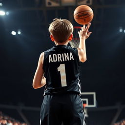 A short-haired girl viewed from the back, wearing a sleek black basketball dress adorned with the name 'Adrina' and the number '1' in bold white lettering
