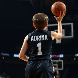 A short-haired girl viewed from the back, wearing a sleek black basketball dress adorned with the name 'Adrina' and the number '1' in bold white lettering
