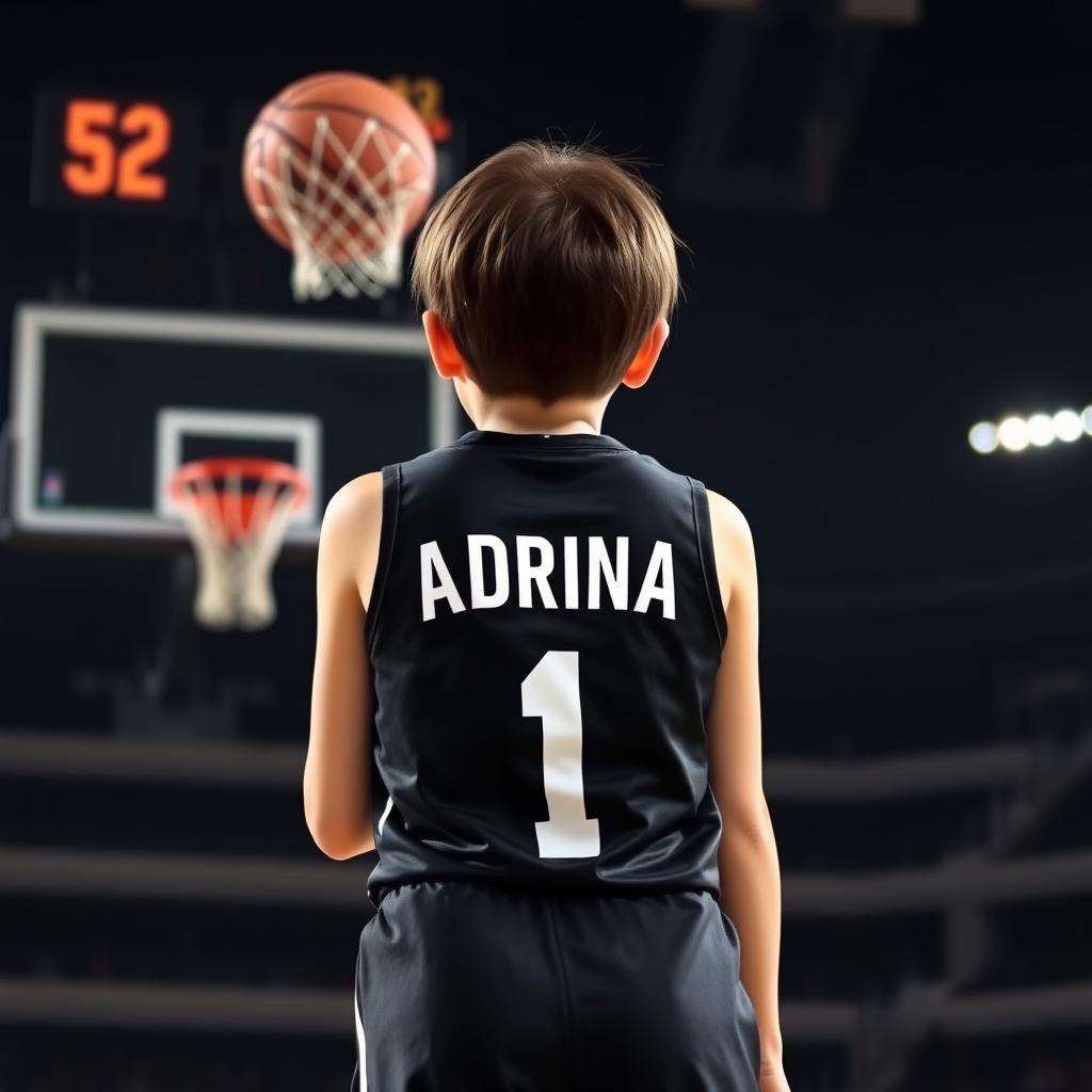 A short-haired girl viewed from the back, wearing a sleek black basketball dress adorned with the name 'Adrina' and the number '1' in bold white lettering