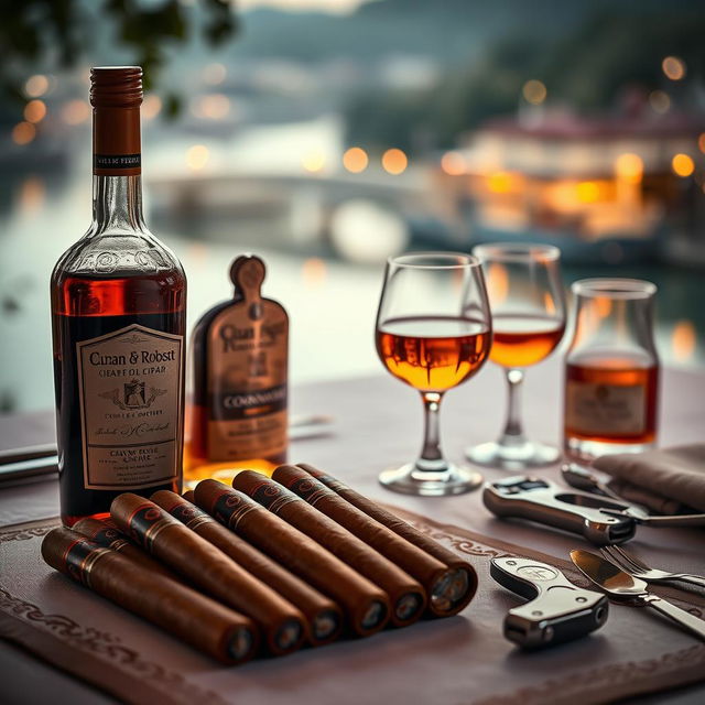 A visually appealing scene featuring Cuban robusto cigars neatly arranged on a dinner table