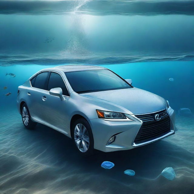 A high-quality digital art image showcasing a submerged Lexus car surrounded by Instagram statistics