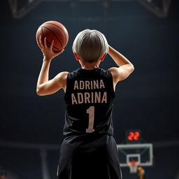 A short-haired girl viewed from the back, wearing a sleek black basketball dress with the name 'Adrina' and the number '1' in bold white lettering