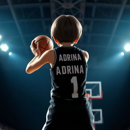 A short-haired girl viewed from the back, wearing a sleek black basketball dress with the name 'Adrina' and the number '1' in bold white lettering