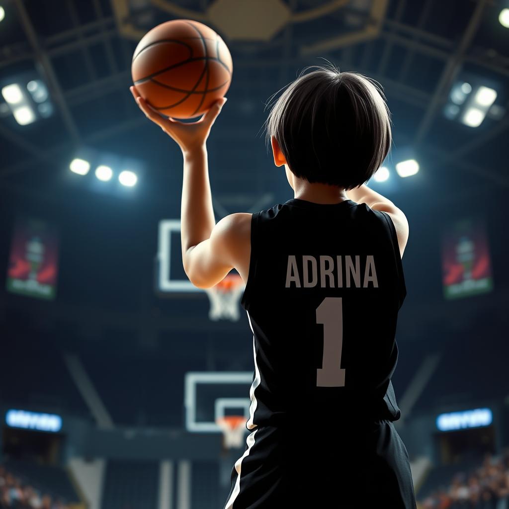 A short-haired girl viewed from the back, wearing a sleek black basketball dress with the name 'Adrina' and the number '1' in bold white lettering