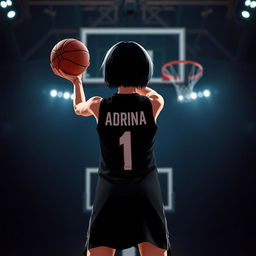 A short-haired girl viewed from the back, wearing a sleek black basketball dress with the name 'Adrina' and the number '1' in bold white lettering