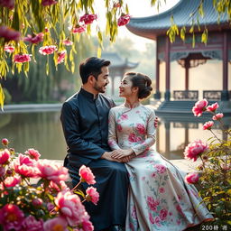 A romantic scene featuring a couple sitting in a lush garden at the Emperor's Palace during the Qing Dynasty