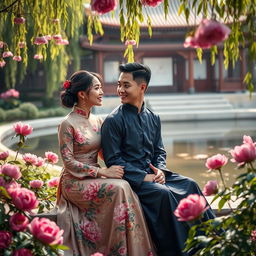 A romantic scene featuring a couple sitting in a lush garden at the Emperor's Palace during the Qing Dynasty