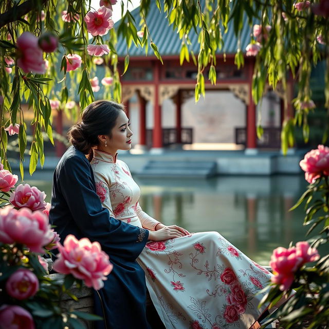 A romantic scene featuring a couple sitting in a lush garden at the Emperor's Palace during the Qing Dynasty