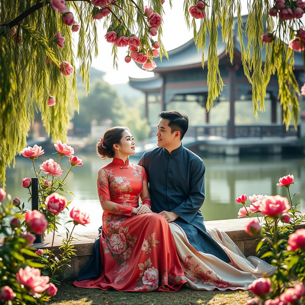 A romantic scene featuring a couple sitting in a lush garden at the Emperor's Palace during the Qing Dynasty