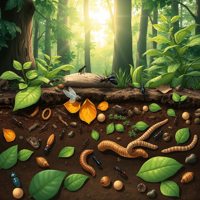 A detailed illustration depicting the role of insects in decomposition and nutrient recycling within an ecosystem