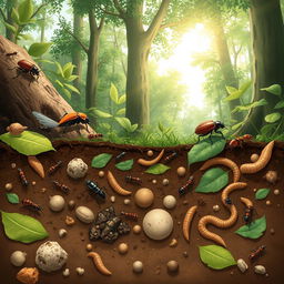 A detailed illustration depicting the role of insects in decomposition and nutrient recycling within an ecosystem