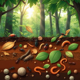A detailed illustration depicting the role of insects in decomposition and nutrient recycling within an ecosystem