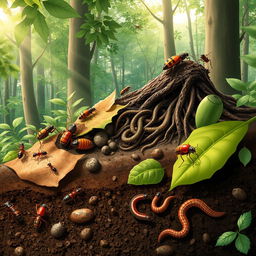 A detailed illustration depicting the role of insects in decomposition and nutrient recycling within an ecosystem