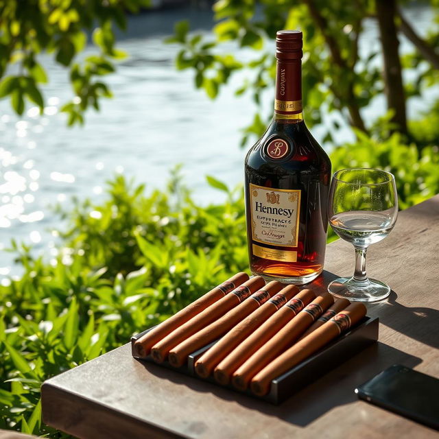 A scenic outdoor table setting featuring a neat arrangement of Cuban petite cigars placed on the table, accompanied by an elegant bottle of Hennessy cognac and a sparkling glass beside it