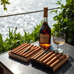 A scenic outdoor table setting featuring a neat arrangement of Cuban petite cigars placed on the table, accompanied by an elegant bottle of Hennessy cognac and a sparkling glass beside it