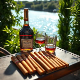 A scenic outdoor table setting featuring a neat arrangement of Cuban petite cigars placed on the table, accompanied by an elegant bottle of Hennessy cognac and a sparkling glass beside it