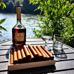 A scenic outdoor table setting featuring a neat arrangement of Cuban petite cigars placed on the table, accompanied by an elegant bottle of Hennessy cognac and a sparkling glass beside it