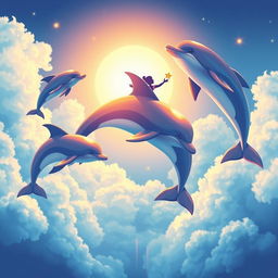 A vivid scene depicting five dolphins of varying sizes gracefully flying through a bright, cloudy sky