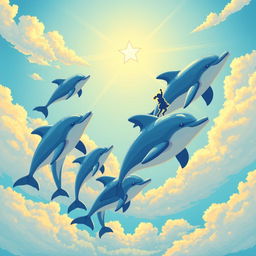 A vivid scene depicting five dolphins of varying sizes gracefully flying through a bright, cloudy sky