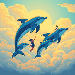 A vivid scene depicting five dolphins of varying sizes gracefully flying through a bright, cloudy sky