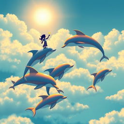 A vivid scene depicting five dolphins of varying sizes gracefully flying through a bright, cloudy sky