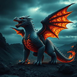 A hybrid creature combining the fierce traits of a dragon and an intelligent ape, featuring a powerful, scaled body with glowing fiery patterns on its chest and wings