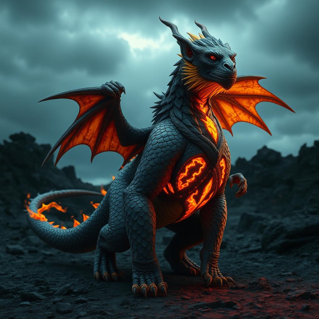 A hybrid creature combining the fierce traits of a dragon and an intelligent ape, featuring a powerful, scaled body with glowing fiery patterns on its chest and wings