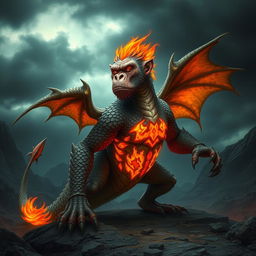 A hybrid creature combining the fierce traits of a dragon and an intelligent ape, featuring a powerful, scaled body with glowing fiery patterns on its chest and wings