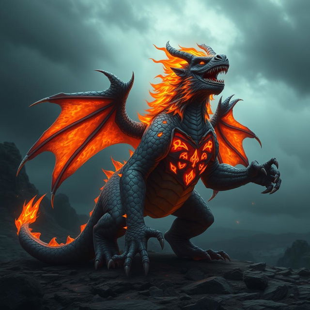 A hybrid creature combining the fierce traits of a dragon and an intelligent ape, featuring a powerful, scaled body with glowing fiery patterns on its chest and wings