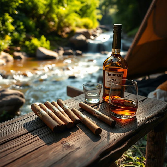 A serene camping scene featuring a rustic wooden table set outdoors next to a flowing river