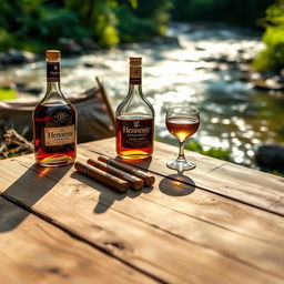 A serene camping scene featuring a rustic wooden table set outdoors next to a flowing river