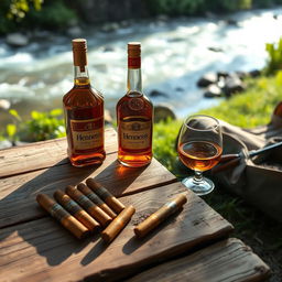 A serene camping scene featuring a rustic wooden table set outdoors next to a flowing river
