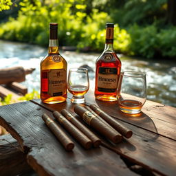 A serene camping scene featuring a rustic wooden table set outdoors next to a flowing river