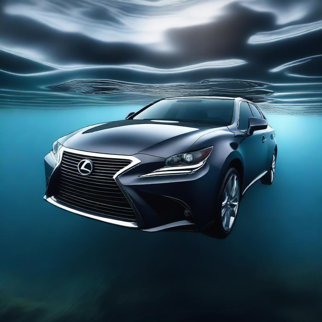 A high-quality digital art image depicting a Lexus car submerged under water