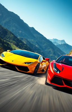 A dynamic and thrilling depiction of a Lamborghini and a Ferrari racing on a winding mountain road