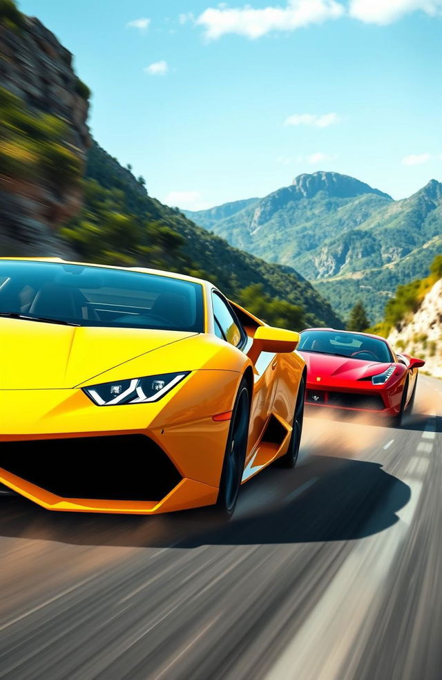 A dynamic and thrilling depiction of a Lamborghini and a Ferrari racing on a winding mountain road