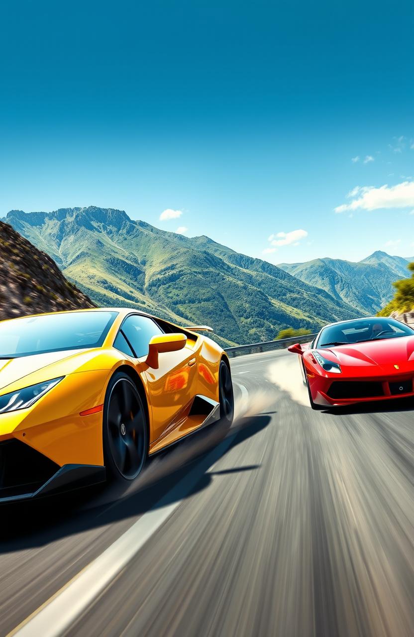 A dynamic and thrilling depiction of a Lamborghini and a Ferrari racing on a winding mountain road