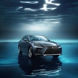 A high-quality digital art image depicting a Lexus car submerged under water